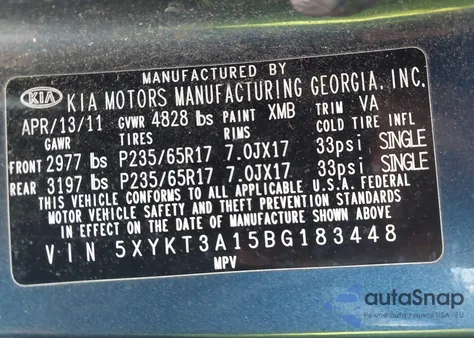 2011 Kia Sorento Lx from USA, damaged, VIN 5XYKT3A15BG183448